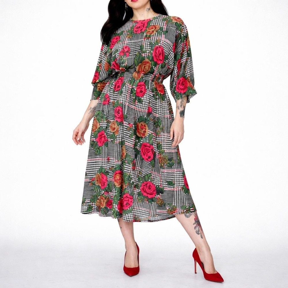 80s Rose Print Skirt Set Womens XL Floral Houndstooth Elastic Waist Floral Red
